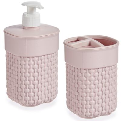 Badkamer accessoires set - 2-delig roze - kunststof - Zeeppompje - Tandenborstelbeker