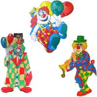 Carnaval versiering clowns - 3x grote wand decoraties 60 cm - thumbnail