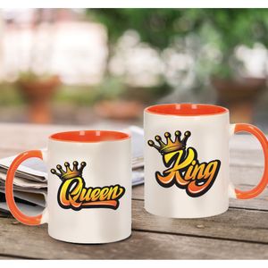 King and queen met kroon cadeau mok / beker wit en oranje