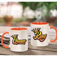 King and queen met kroon cadeau mok / beker wit en oranje - thumbnail