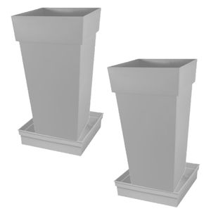 Set van 2x stuks bloempotten Toscane vierkant kunststof grijs 43 x 43 x 80 cm inclusief onderschalen