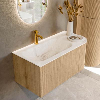 Mondiaz KURVE-DLUX 95 cm Onderkast Greeploos 1 Lade Met Deuren Oak, Wastafel Solid Surface Links Frappe 1 Kraangat Zonder Spiegel (KRVBGS95R1L1D1KL-Oak/Fra)