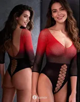 * PASSION Mesh bodysuit zwart rood, BS118 - thumbnail