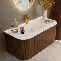 Badmeubel Mondiaz Kurve-Dlux | 100 cm | Meubelkleur Walnut | Wastafelkleur Frappe | Solid surface | Midden spoelbak | 1 kraangat