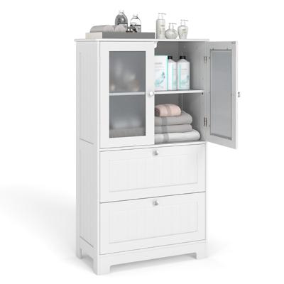 Badkamerkast met 2 Lades & 2 Glazen Deuren & Verstelbare Plank Hoge Kast Wit