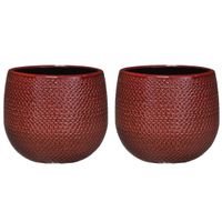 Set van 3x stuks bloempotten bordeaux rood ribbels keramiek voor kamerplant H14 x D16 cm