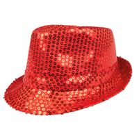 Trilby hoed met pailletten - rood - glitter   - - thumbnail