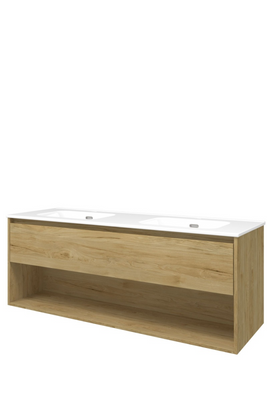 Proline Porselein Elegant Dubbel wastafelonderkast met open schap en porseleinen dubbele wastafel met 2 kraangaten 120 x 54 x 46 cm, ideal oak