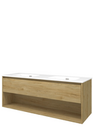 Proline Porselein Elegant Dubbel wastafelonderkast met open schap en porseleinen dubbele wastafel met 2 kraangaten 120 x 54 x 46 cm, ideal oak - thumbnail