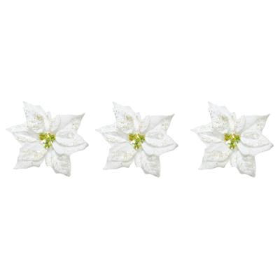 Kerstversiering bloem - 10x stuks - wit glitter - op clip - 20 cm - Decoratiebloemen - kerstversieri
