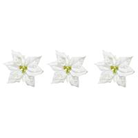 Kerstversiering bloem - 10x stuks - wit glitter - op clip - 20 cm - Decoratiebloemen - kerstversieri