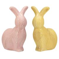 Decoratie paashaas / konijn - 2x stuks - roze en geel - dolomiet - 14 cm - paasdecoratie