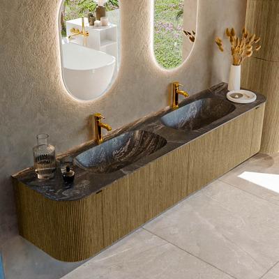 Badmeubel Mondiaz Kurve-Dlux | 200 cm cm | Meubelkleur Dusk | Wastafelkleur Lava | Solid surface | Wasbak beiden zijden spoelbak | 2 kraangaten