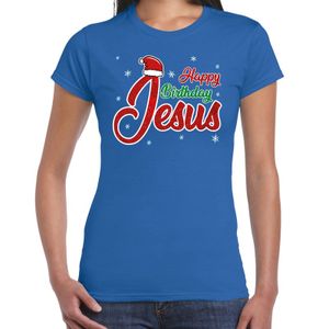 Fout kerstshirt blauw Happy birthday Jesus voor dames