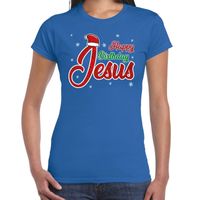 Fout kerstshirt blauw Happy birthday Jesus voor dames - thumbnail