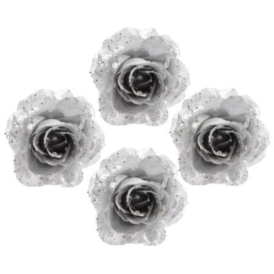 Kerstboomversiering Bloem - 4x - 12 cm - zilver - op clip - ornament - roos