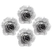 Kerstboomversiering Bloem - 4x - 12 cm - zilver - op clip - ornament - roos
