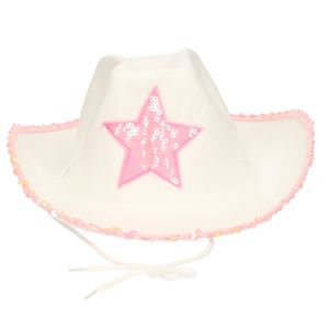 Guirca Carnaval verkleed Cowboy hoed Stars - wit/roze - voor volwassenen - Western thema   -