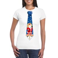 Foute Kerst t-shirt stropdas met kerstman print wit voor dames - thumbnail