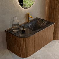 Mondiaz KURVE-DLUX 85 cm Onderkast Greeploos 1 Lade Met Deuren Walnut, Wastafel Solid Surface Rechts Lava 1 Kraangat Zonder Spiegel (KRVCLO85L1L1D1KR-Wal/Lav)