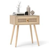 Nachtkastje Rattan Nachttafel met Lade en Massief Houten Poten Bijzettafel Salontafel Nachtconsole Natuur