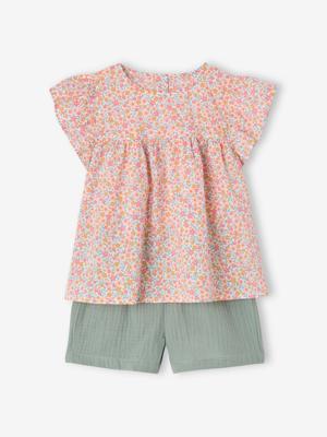 Set blouse met bloemen en short van katoengaas voor meisjes saliegroen