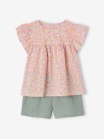 Set blouse met bloemen en short van katoengaas voor meisjes saliegroen