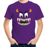 Monster gezicht halloween verkleed t-shirt paars voor kinderen - thumbnail