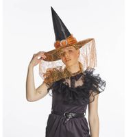 Verkleed heksenhoed - met sluier - zwart/oranje - volwassenen - Halloween hoofddeksels   -