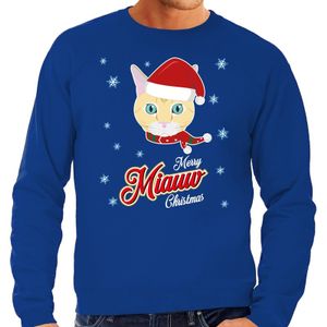 Foute Kersttrui Merry Miauw Christmas Kerst kat blauw voor heren