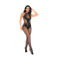 Mapalé Halter en Kruidloze Bloemen Bodystocking - Één Maat - Zwart