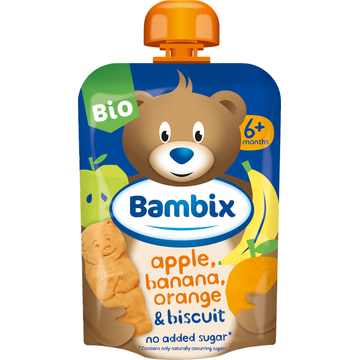 Bambix Knijpzakje Appel, Banaan, Sinaasappel & Koekjes Bio 6M+ 100g bij Jumbo