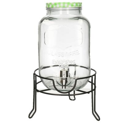Limonade/drankdispenser op verhoger - groen/wit geblokte dop - 4 liter - glas - H37 x B19 cm