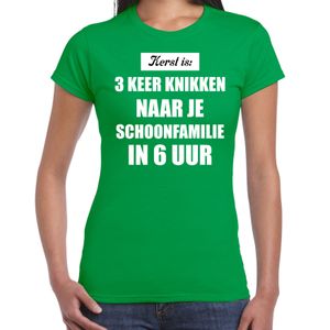 Groen fout kerstshirt / t-shirt Kerst is 3 keer knikken naar schoonfamilie outfit dames