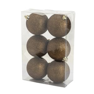 6x stuks kunststof glitter kerstballen donkerbruin 8 cm   -