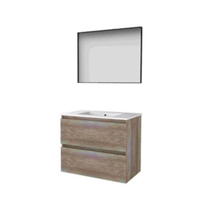 Basic-Line Framed 46 Badkamermeubelset - 80 x 46 cm - Greeploos - 2 Lades - Keramische Wastafel - 1 Kraangat - Spiegel met Zwart Aluminium Frame - Scotch Oak