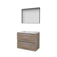 Basic-Line Framed 46 Badkamermeubelset - 80 x 46 cm - Greeploos - 2 Lades - Keramische Wastafel - 1 Kraangat - Spiegel met Zwart Aluminium Frame - Scotch Oak