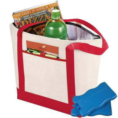 Shoppartners draag Koeltas - hengsels - naturel/rood - met 4x koelelementen van 200 ml