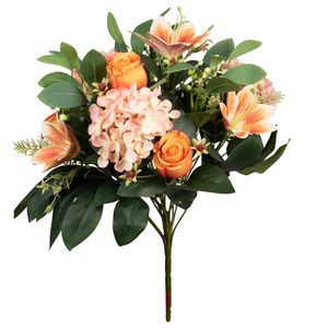 Kunstbloemen boeket roos/hortensia/lelie - oranje/zalm - H39 cm - Bloemstuk - Bladgroen