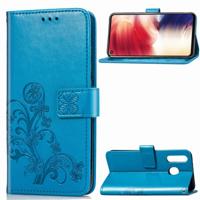 Lucky Clover ingedrukt bloemen patroon lederen draagtas voor Galaxy A8s met houder & kaartsleuven & portemonnee & hand strap (blauw)