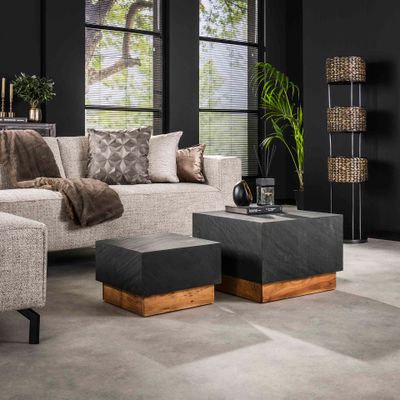 LifestyleFurn Salontafel 'Rondy' Leisteen en acaciahout, Set van 2 stuks
