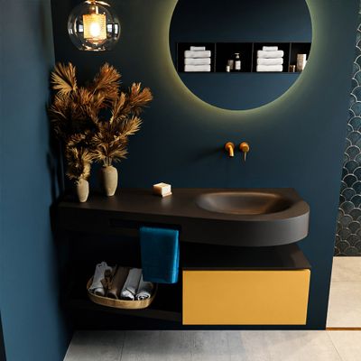 MONDIAZ RIVA 120cm badmeubel onderkast / planchet kleur Ocher met 1 lade. Wastafel DULCET rechts 0 kraangaten kleur Urban. MONDIAZ RIVA 120cm badmeubel onderkast / planchet kleur Ocher met 1 lade. Wastafel DULCET rechts 0 kraangaten kleur Urban.