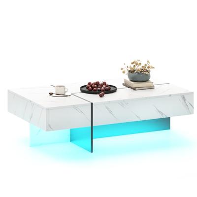 Moderne Salontafel met Ledverlichting Stralende Salontafel met 3 Opberglades 120 x 70 x 35 cm Zwart/Wit Imitatiemarmer-Wit