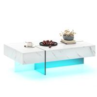 Moderne Salontafel met Ledverlichting Stralende Salontafel met 3 Opberglades 120 x 70 x 35 cm Zwart/Wit Imitatiemarmer-Wit
