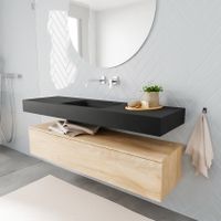 Mondiaz Alan badmeubel 150 cm washed oak 1 lade vrijhangend wastafel midden zonder kraangat zwart Mondiaz Alan badmeubel 150 cm washed oak 1 lade vrijhangend wastafel midden zonder kraangat zwart