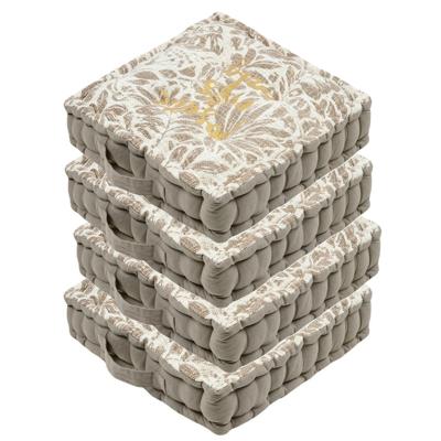 Stof Textile Vloerkussen Leaves - 4x - taupe/wit - katoen - 45 x 45 x 10 cm - vierkant - Extra dik