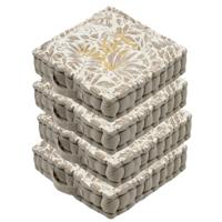 Stof Textile Vloerkussen Leaves - 4x - taupe/wit - katoen - 45 x 45 x 10 cm - vierkant - Extra dik