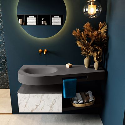 MONDIAZ RIVA 120cm badmeubel onderkast / planchet kleur carrara met 1 lade. Wastafel DULCET links 0 kraangaten kleur Dark_Grey. MONDIAZ RIVA 120cm badmeubel onderkast / planchet kleur carrara met 1 lade. Wastafel DULCET links 0 kraangaten kleur Dark_Grey.
