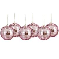 Disco kerstballen - 6x stuks - roze - 8 cm - foam - spiegelbol/discobol