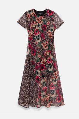 Jurk met bloemen- en dierenprint - BROWN - XL